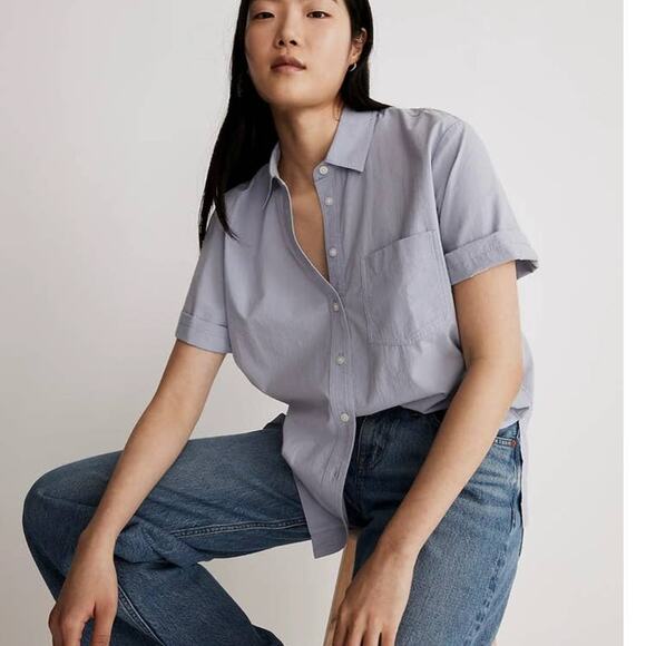 Madewell Signature Poplin Short sleeve button down shirt in Distant Peri XXS NWT - Picture 2 of 11